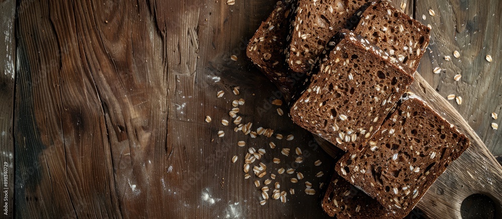 Poster Chunks of seeded brown bread are sliced on a rustic wooden surface providing a picturesque backdrop for a copy space image