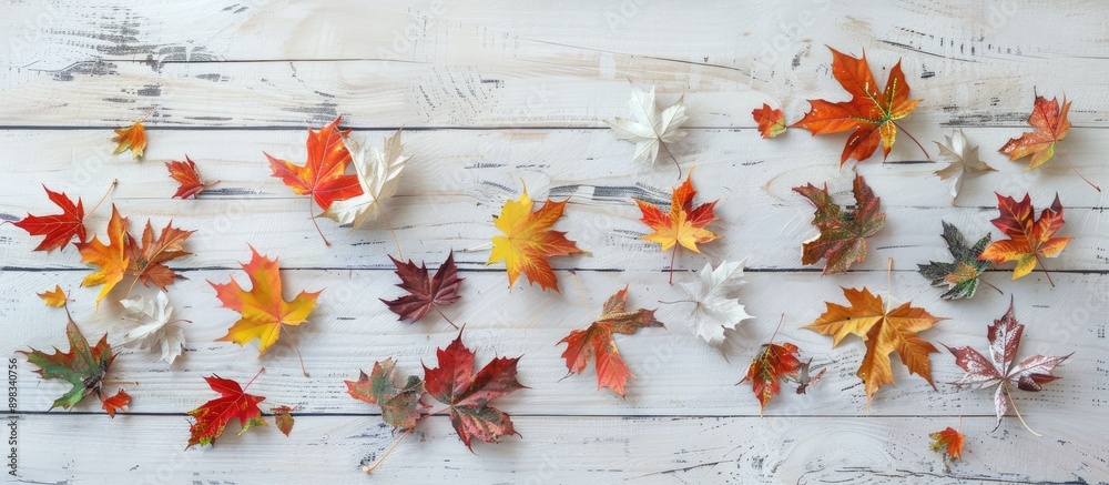 Leinwandbilder autumn colors with multi colored maple leaves scattered on a white textured wooden table creating an