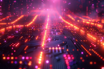 Obraz premium Futuristic server abstraction with glowing neon lights forming intricate data connections and pathways,