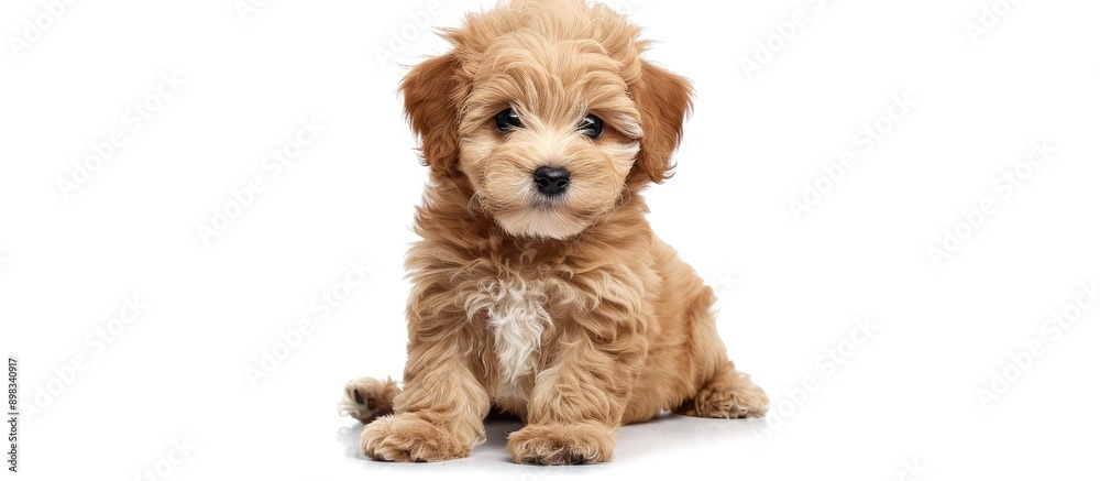 Poster Adorable Brown Maltipoo puppy isolated on a white background with a happy and funny expression suitable for advertising with ample copy space image