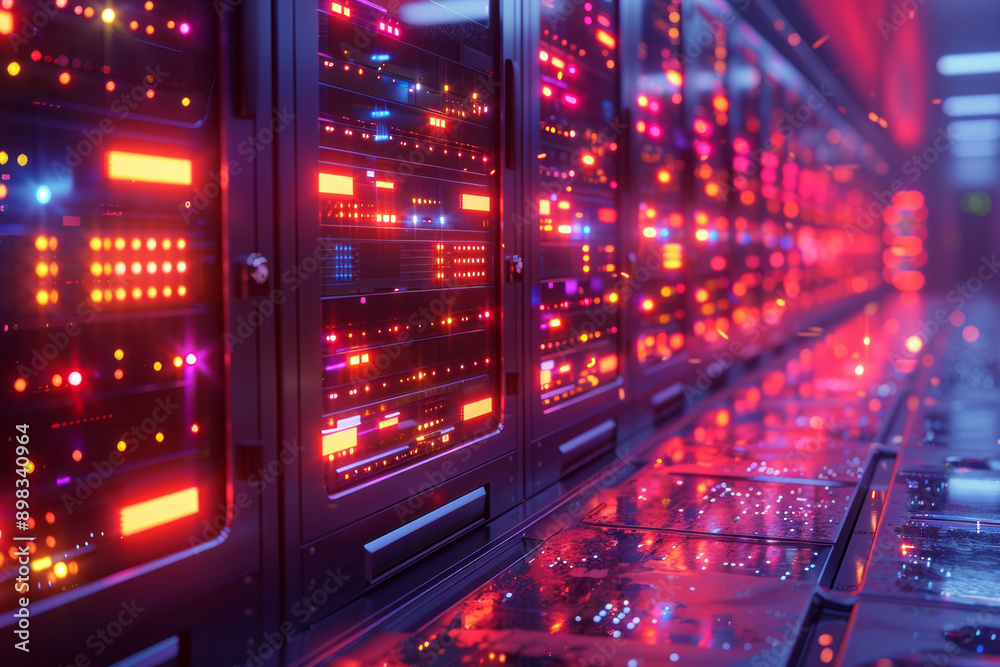 Poster elegant representation of server systems with radiant neon lights highlighting dynamic data flows,