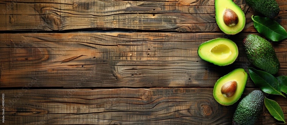 Poster avocado fruit displayed on a wooden surface with copy space image