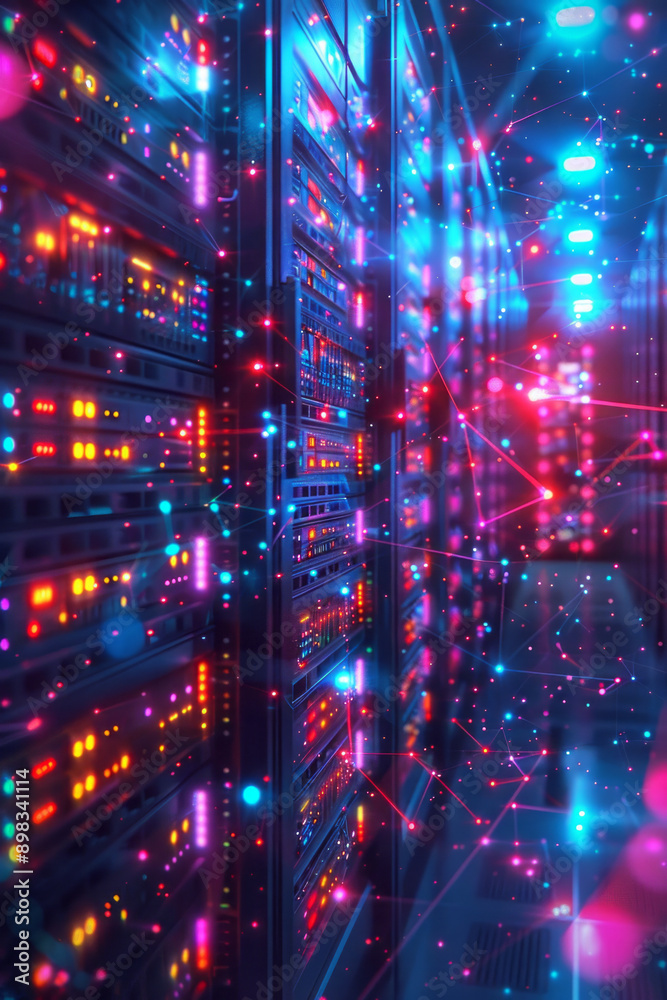 Poster futuristic server abstraction with glowing neon connections and abstract network patterns,