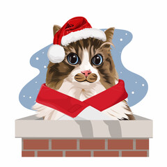 a cat wearing a Santa suit on top of a chimney vector illustration