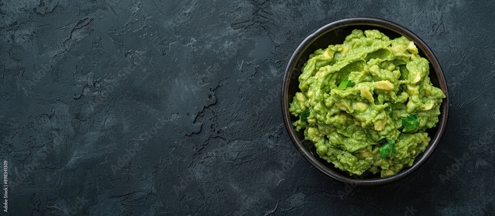 Poster Top down view of a bowl filled with fresh guacamole on a dark backdrop providing ample copy space for text or editing