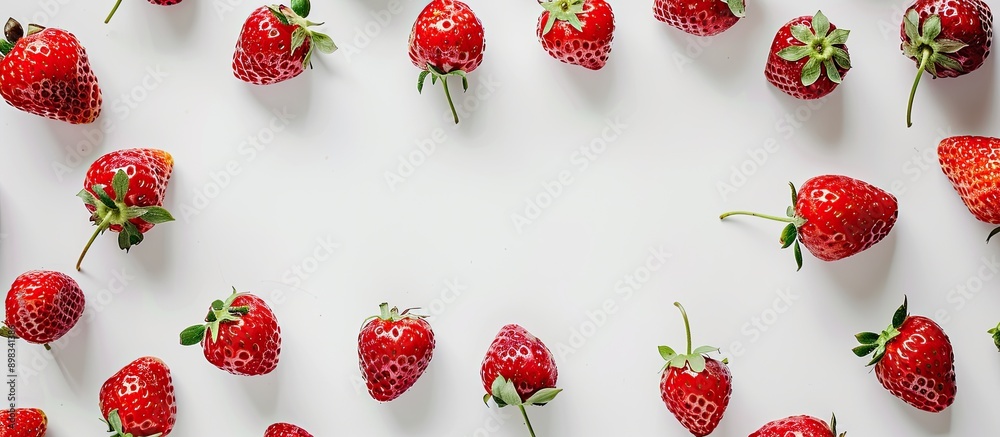 Aufkleber Top down view of a frame constructed with ripe strawberries on a white background offering ample space for additional images