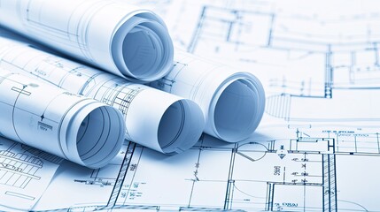 Architectural Blueprints Neatly Rolled Out on a Large Wooden Table in a Conference Room