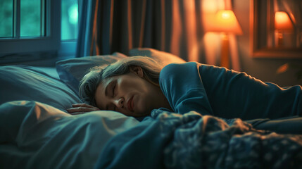 Older man sleeping peacefully in a cozy, dimly lit bedroom.