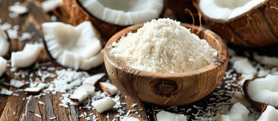 Fototapeta premium Close up shot of coconut flour in a wooden bowl surrounded by coconut pieces on a wooden table with copy space image
