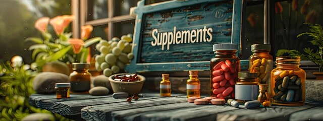 Supplements and tinctures with flowers and herbs on the table. Selective focus.