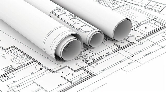 Architectural Blueprints Are Rolled Out and Spread Across a Table for Review