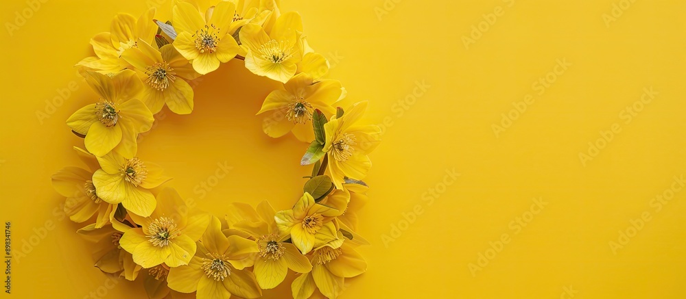 Poster a circular wreath composed of yellow hellebore blooms on a yellow backdrop a top down view of a flor