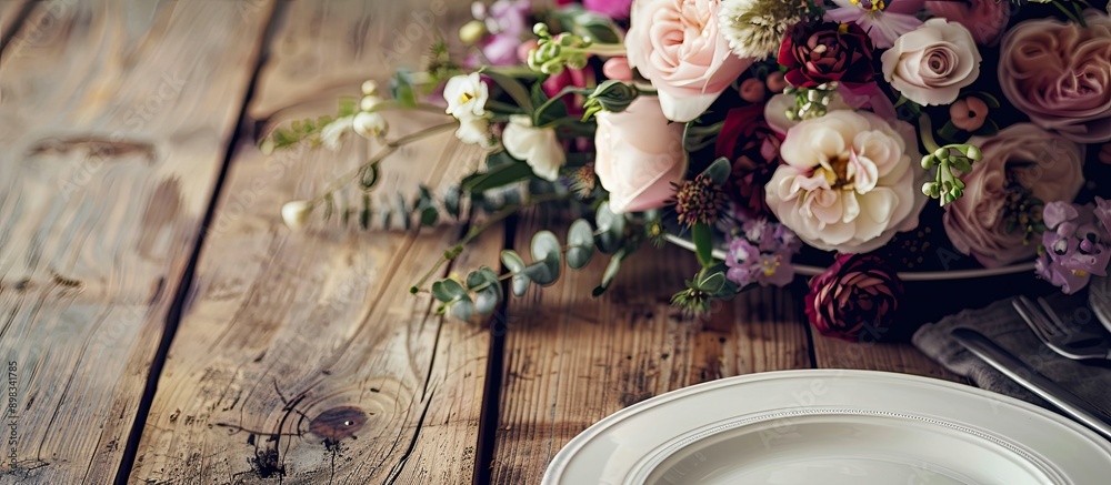 Poster bouquet on wooden table next to ceramic plates creates a charming scene in the copy space image