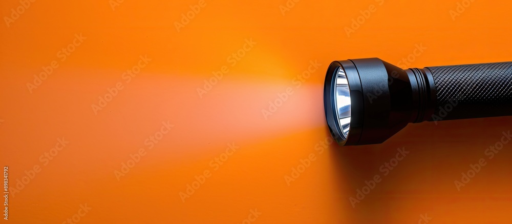 Poster A black flashlight on an orange background with light shining on the way leaving room for text or images. Creative banner. Copyspace image