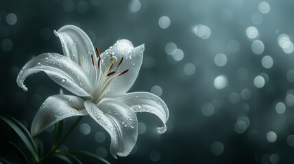 Fototapeta premium A tight shot of a white bloom, dewdrops glistening on its petals, backdrop softly blurred