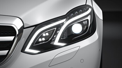 A Detailed Closeup of a White Sedan's Headlight Reveals Intricate Design Elements