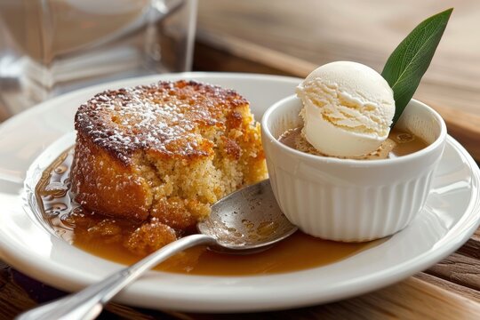 A decadent serving of Malva pudding, a traditional South African dessert, accompanied by a scoop of vanilla ice cream. 