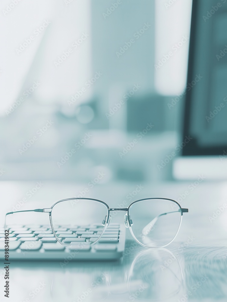 Aufkleber a pair of eyeglasses are resting on a white keyboard in a blurred office setting. generative ai