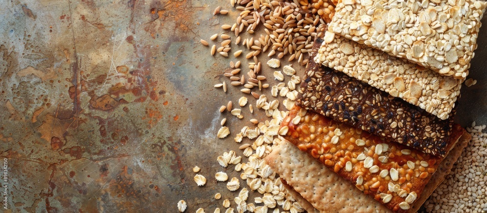 Poster assorted crispbreads next to rice oatmeal and buckwheat with room for a copy space image