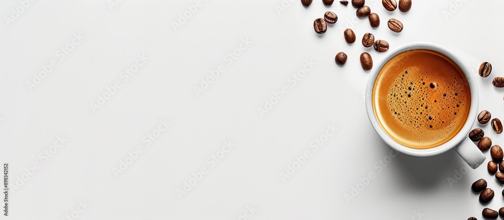 Sticker Coffee cup with espresso and roasted beans on a white background ideal for a coffee themed wallpaper The image includes copy space and is captured from a top down perspective