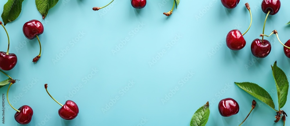Poster Top view of a cherry frame on a light blue backdrop with space for adding text ideal for a copy space image