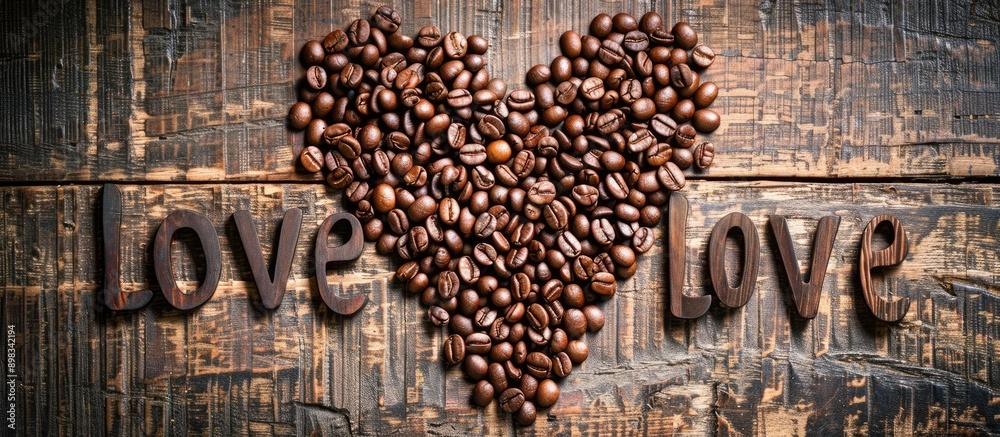 Fototapete coffee beans arranged to form a heart shape and the word love on a wooden background with plenty of 