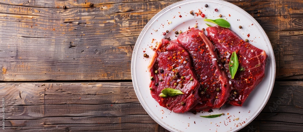 Poster beef steak seasoned with spices on a vintage white plate displayed on a wooden table with copy space