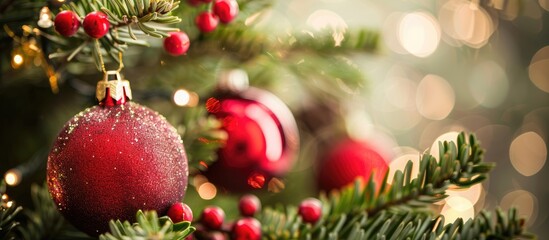 Fototapeta premium Decorative ornaments for the Christmas tree with an empty area for inserting an image. Creative banner. Copyspace image