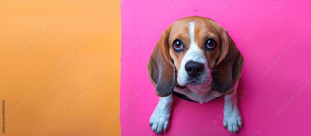 Poster A charming beagle dog emerges from a hole against a colorful backdrop The canine is set on a vibrant pink background with a blank area for text High quality copy space image
