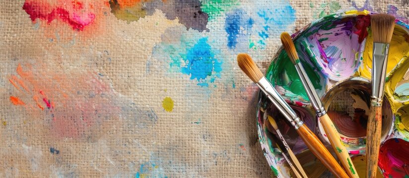 Colorful watercolors on brown paper with a plastic palette holding painter s brushes Copy space image