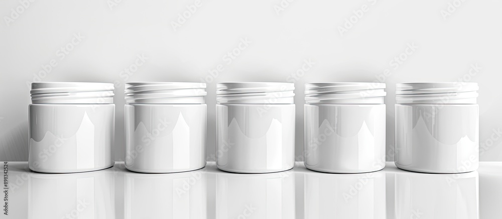 Poster a collection of sleek white cosmetic jars for beauty products displayed isolated on a white backgrou