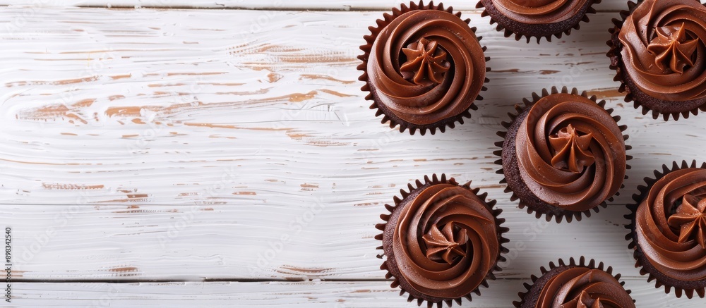 Aufkleber top view of chocolate cupcakes on a white wooden table providing copy space in the image