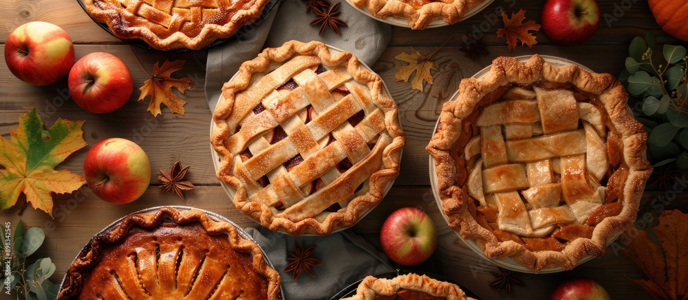 Poster top view of assorted thanksgiving pies with pumpkins and apples showcasing copy space image traditio