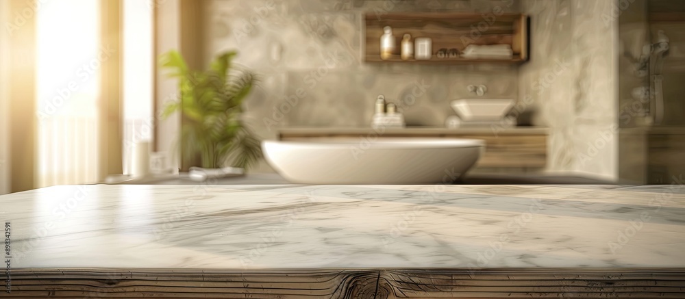 Poster blank marble table with blurred bathroom backdrop suitable for product display montage features ampl