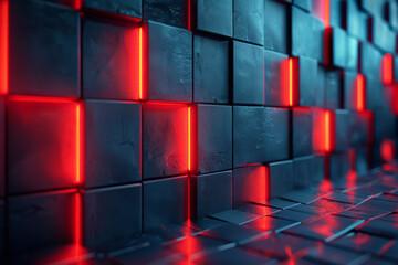 Clean and modern 3D design featuring blue cubes with intense red lighting creating a striking visual,