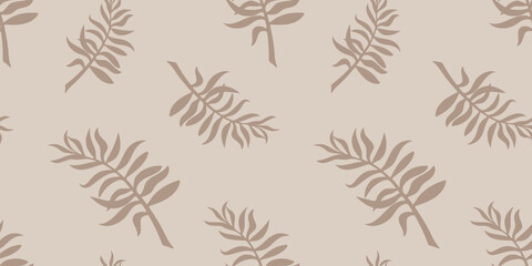 Fototapeta premium Tropical abstract background with palm leaves seamless pattern. Monochrome boho aesthetic design for fabric, textile, wrapping paper, packaging