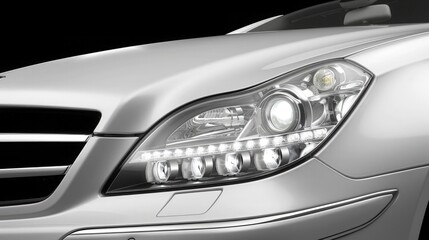 A Detailed Close-Up of a Silver Car Headlight Showcasing LED Lights