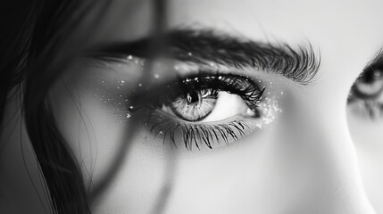  A monochrome image of an eyelid displaying a woman's eye, adorned with glitter on her upper lashes