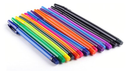 Fototapeta premium Colorful Assortment of Pens Neatly Organized on a Clean White Table