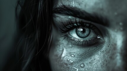  A tight shot of a woman's blue eye, adorned with droplets of water on her face Her hair billows in the wind