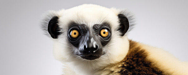 Naklejka premium Curious Lemur With Distinctive Features Posing Against a Simple Gray Background