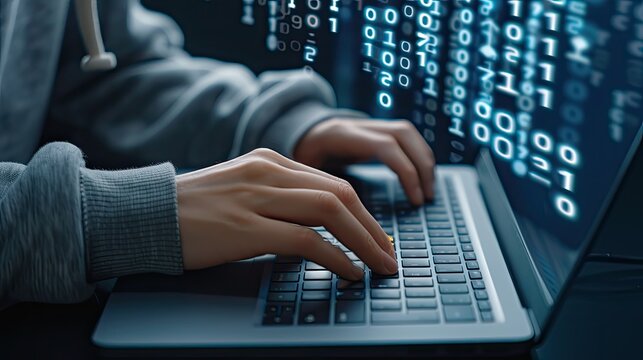 Person's Hands Typing on Laptop Computer Showing Binary Code on Screen