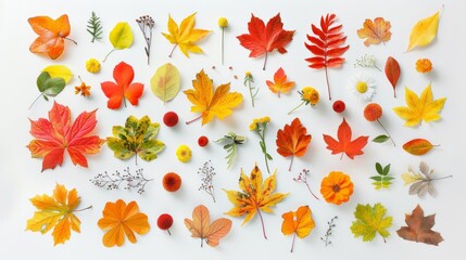 Colorful arrangement of autumn leaves and flowers on white background