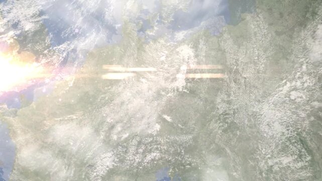 Earth zoom in from space and focus on Chemnitz, Germany. Background for travel intro or blog. Satellite view. 3D style Animation. Images from NASA.