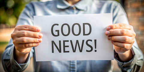 Two hands holding a piece of paper with the text "Good News" on it, emphasizing positive news and optimistic announcements. The background is plain and minimalistic