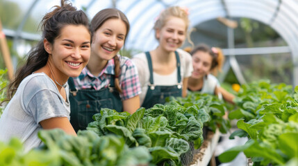 young girls group standing at greenhouse