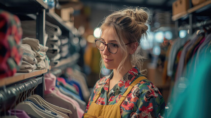 Obraz premium young beautiful woman standing at cloths store