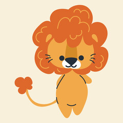 Cute kawaii lion in cartoon, flat, doodle, simple style. Design element for posters, postcards, greeting cards, wallpapers, children's clothes, fabrics, t-shirts, logos