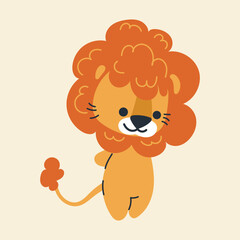 Cute kawaii lion in cartoon, flat, doodle, simple style. Design element for posters, postcards, greeting cards, wallpapers, children's clothes, fabrics, t-shirts, logos