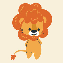 Cute kawaii lion in cartoon, flat, doodle, simple style. Design element for posters, postcards, greeting cards, wallpapers, children's clothes, fabrics, t-shirts, logos